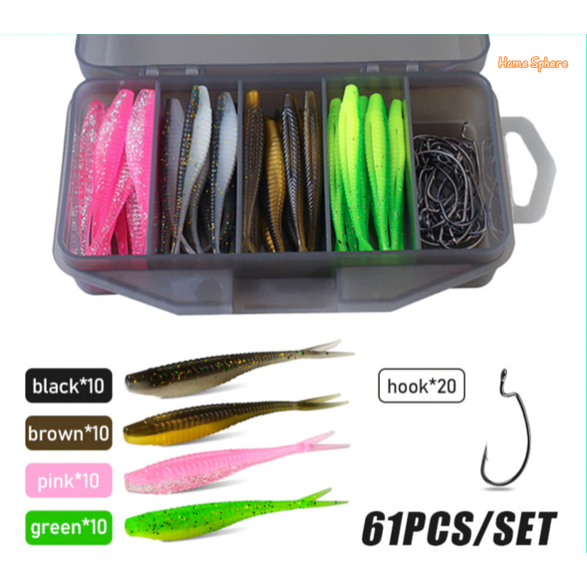 61Pcs Umpan Soft Lure 1 Set Box, Kotak Umpan Pacning Ikan / Umpan Pancing Tiruan Bentuk Ikan Bahan K