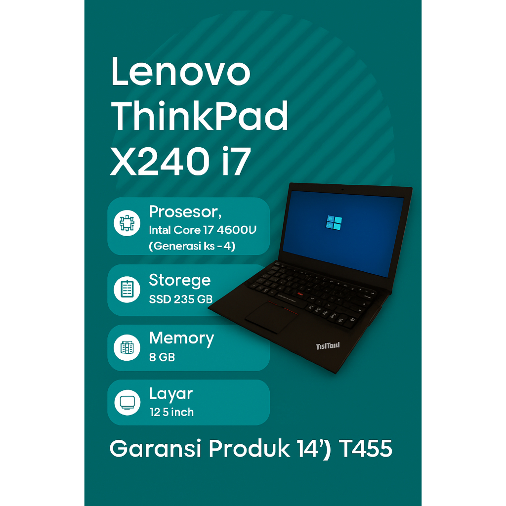 Laptop Lenovo Thinkpad X240 I core i7 gen 4, Ram 8GB, SSD 256GB I layar 12,5"