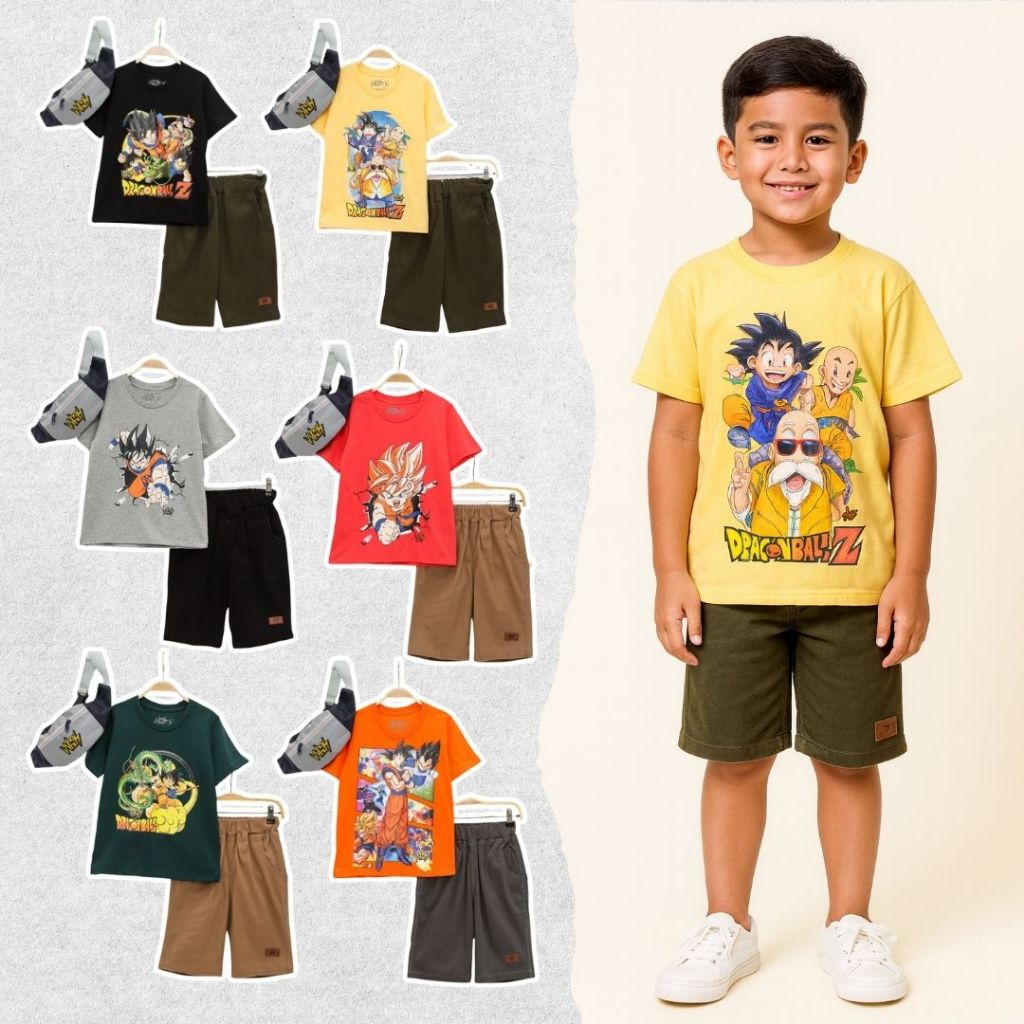 6-10 Thn Setelan Celana Pendek Chino Anak Laki Laki Cowok Setelan Superhero Dragon Ball
