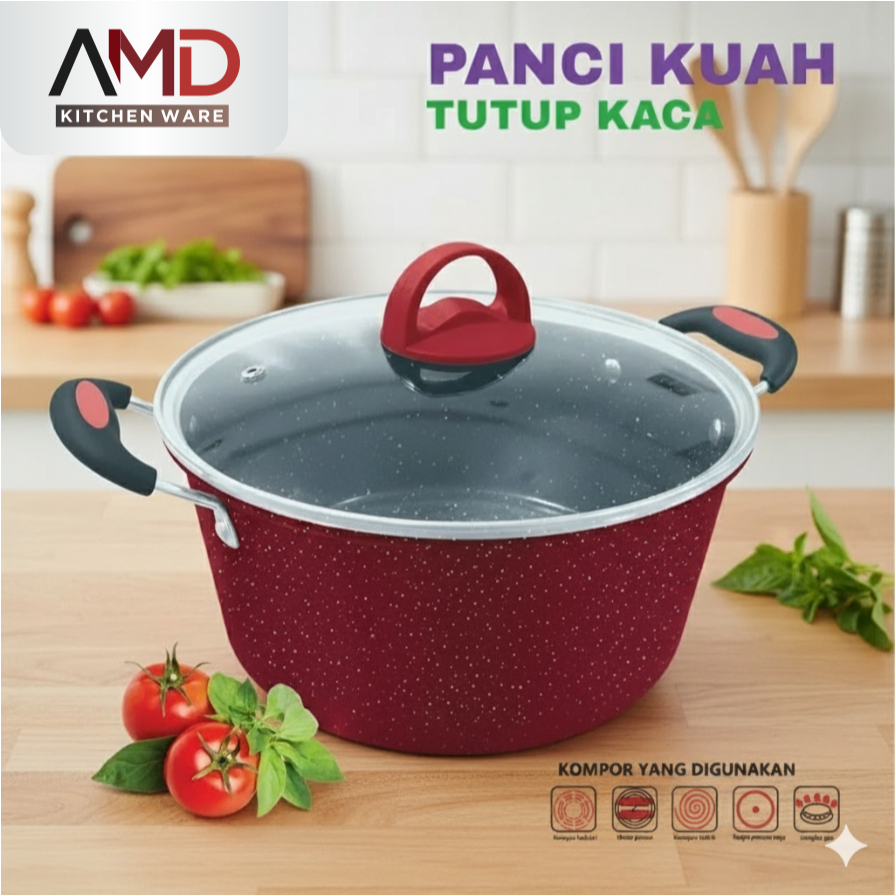[AMANDA] Panci kuah Enamel Tutup kaca 20-22-24 cm Panci Rebus Sayur Mie Soup pot Panci Goreng Enamel