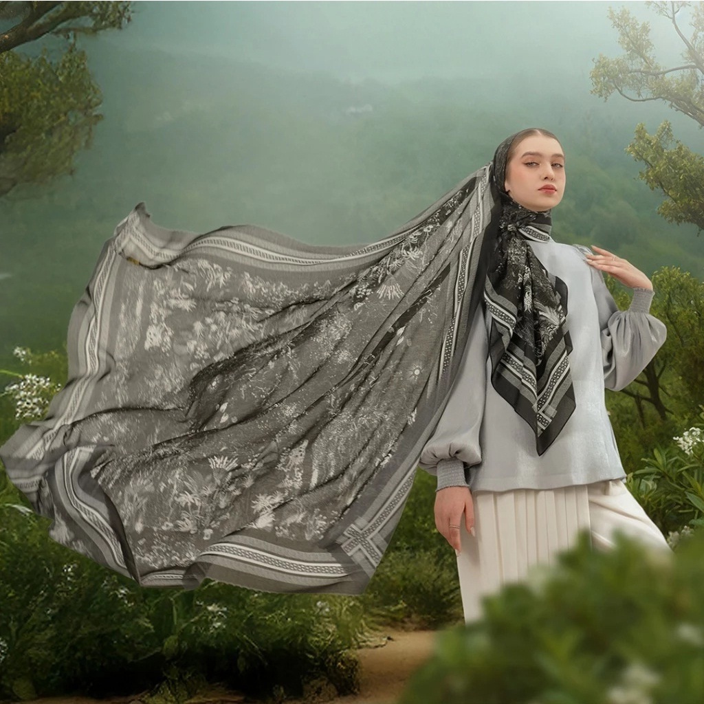 IVAN GUNAWAN PRIVE - Jardin Black Scarf - Hijab Jilbab Segi Empat Motif Hitam Putih Premium by IVAN 
