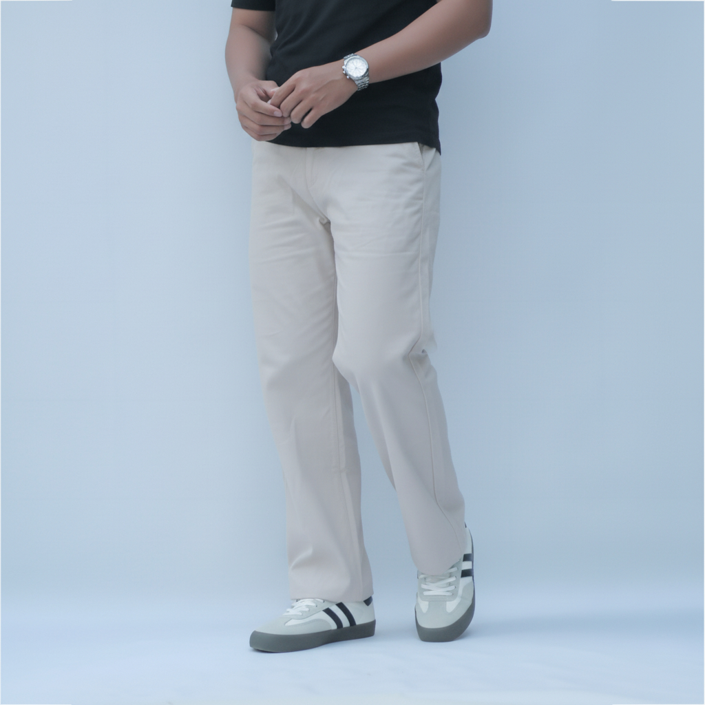 Celana Chinos Panjang Pria Cream Reguler Basic Oversize Model Loose Baggy Korean Style Bahan Katun
