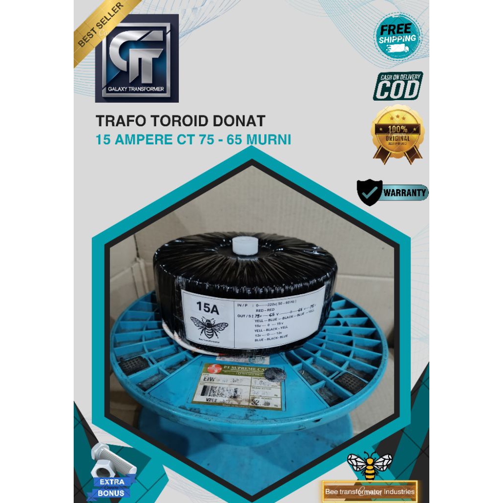 trafo toroid donat 15A CT 75V - 65V murni