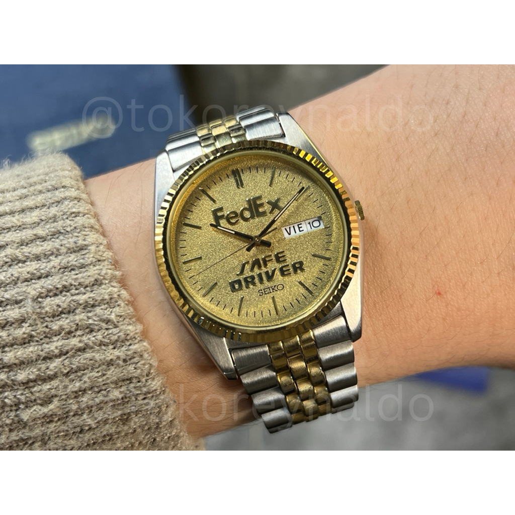 JAM TANGAN VINTAGE SEIKO "F3D3X SAFE DRIVER" DAY-DATE TWO TONE FLUTED BEZEL GOLD TEXTURED DIAL 7N43 