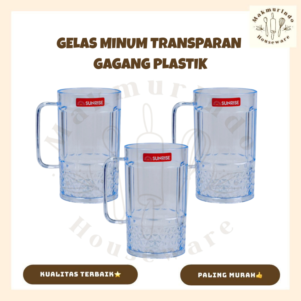 Gelas Jumbo Bening Gagang Plastik Tebal / Cangkir Gagang Transparan Bening