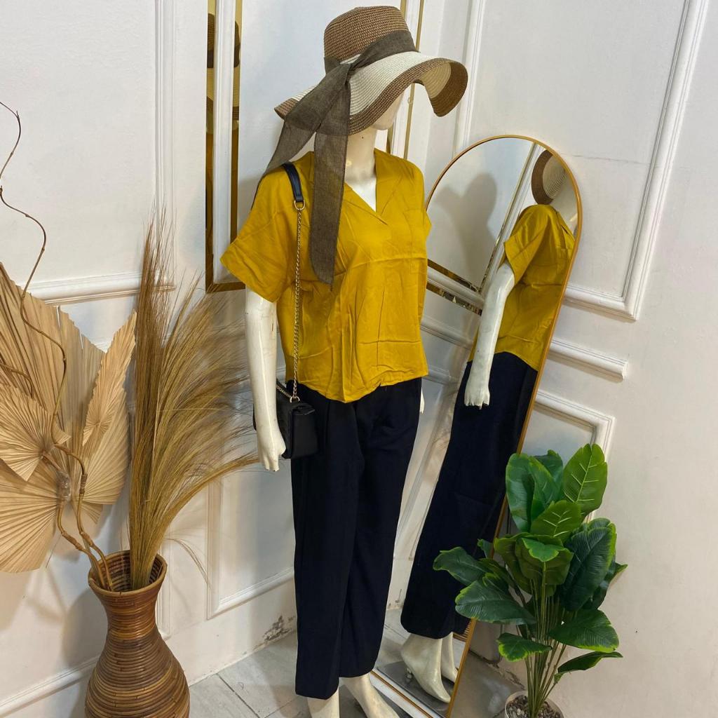 Disa Set Katun Rayon / Setelan Celana Panjang Wanita / One Set Vneck Polos Tangan Pendek