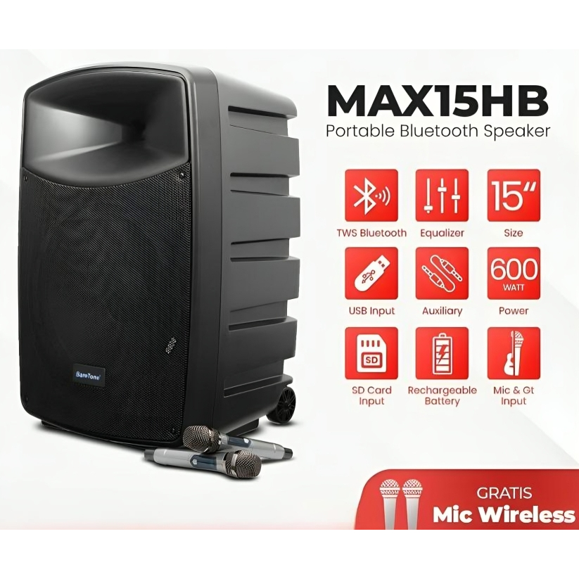 Speaker Aktif Portable Baretone 15 Inch MAX15HB/Speaker Karaoke Bluetooth Baretone 15" MAX 15 HB