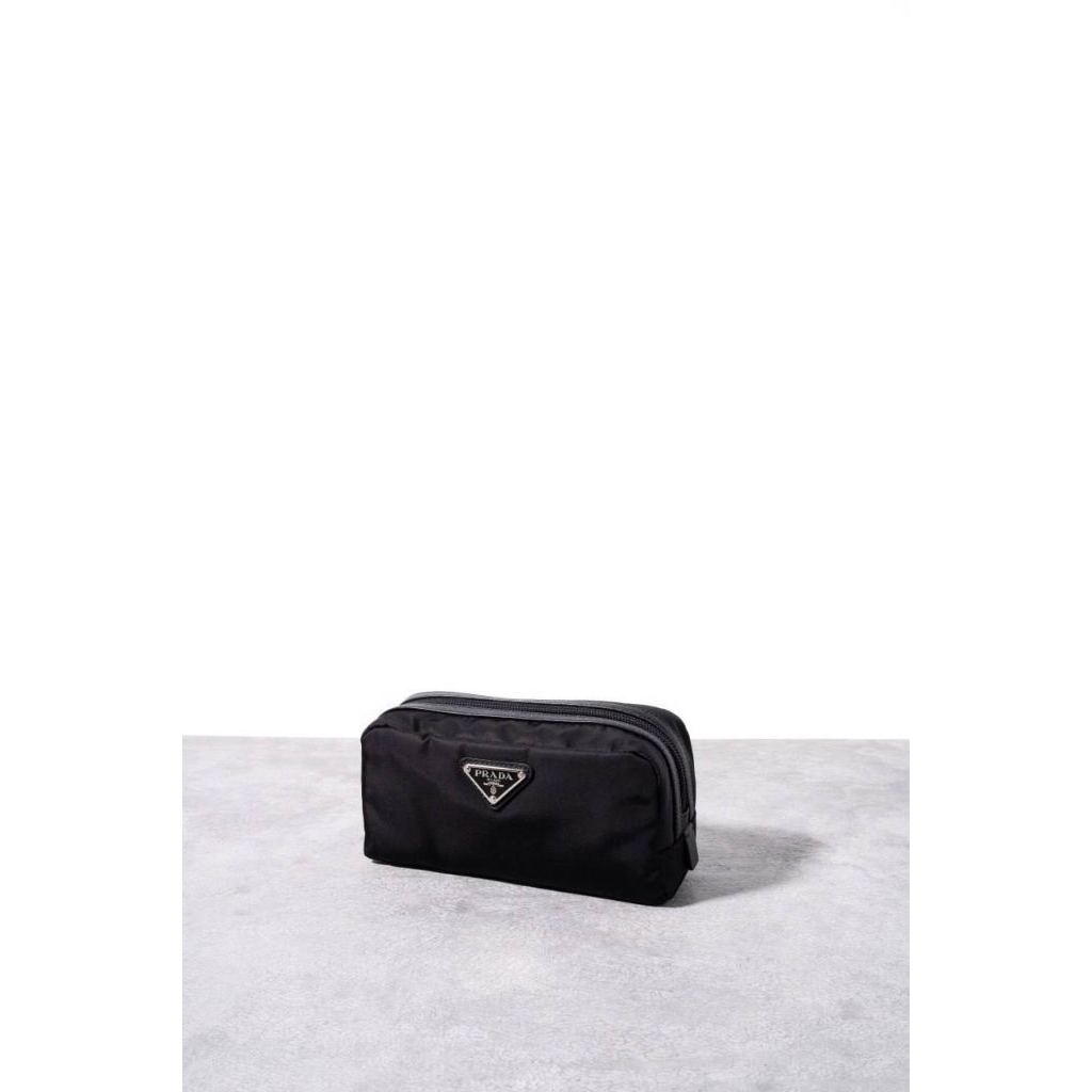 PRADA Triangle logo large pouch Re-Nylon and saffiano leather  
Black