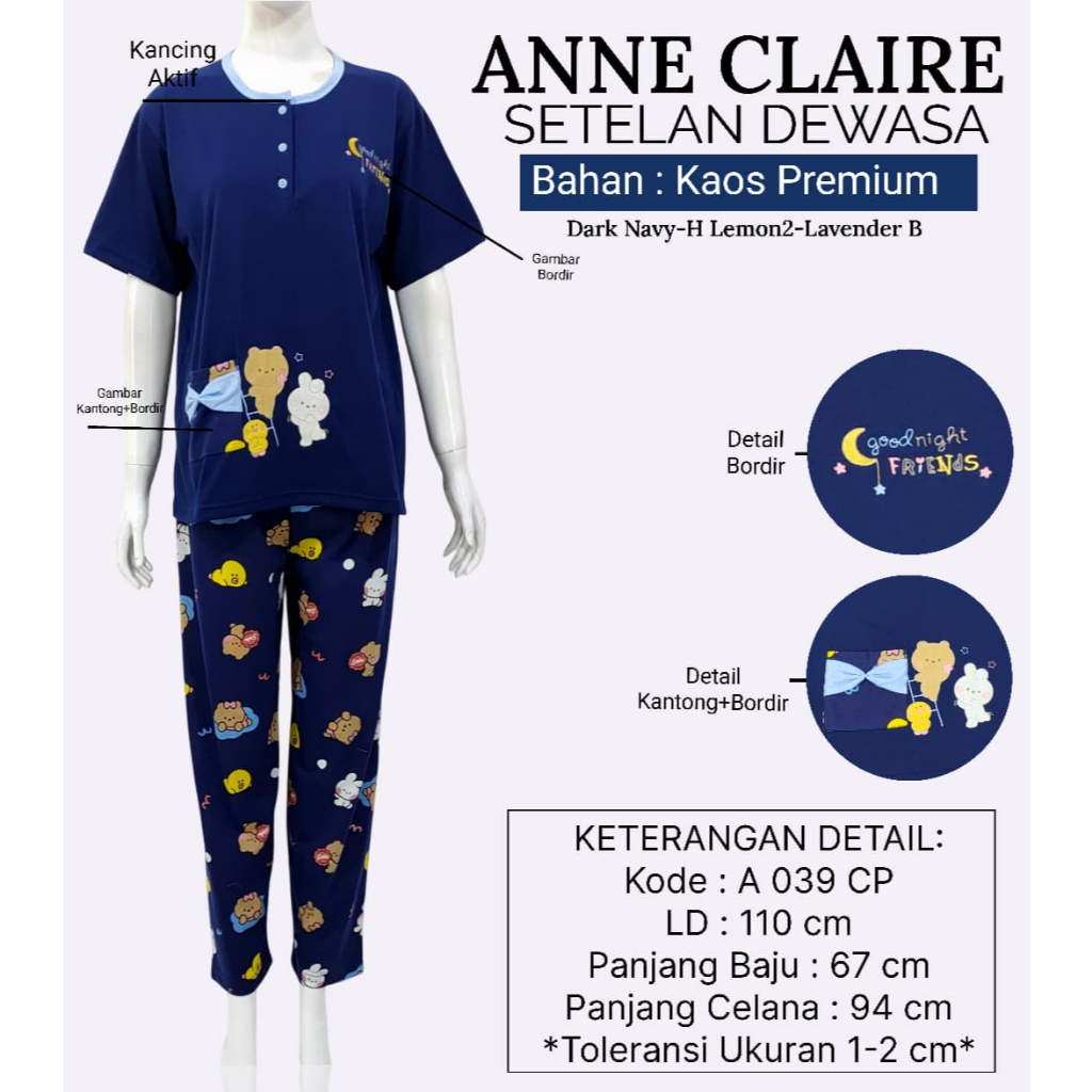 Babydoll Setelan One Set Dewasa Baju Tidur CP Lengan Pendek Celana Panjang Anne Claire | Setelan Wan