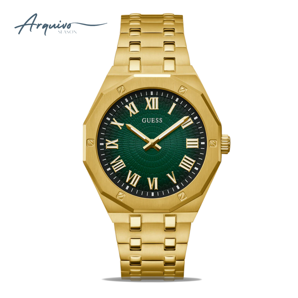 Jam Tangan Pria Guess Men Green Dial Gold Stainless Steel Strap Mewah Sporty Luxury Watch Original G