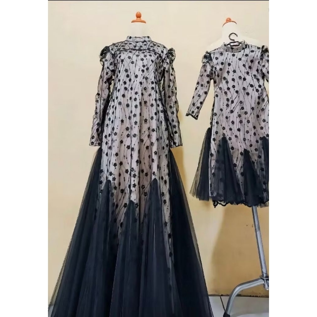 Gamis pesta couple ibu dan anak tule bunga