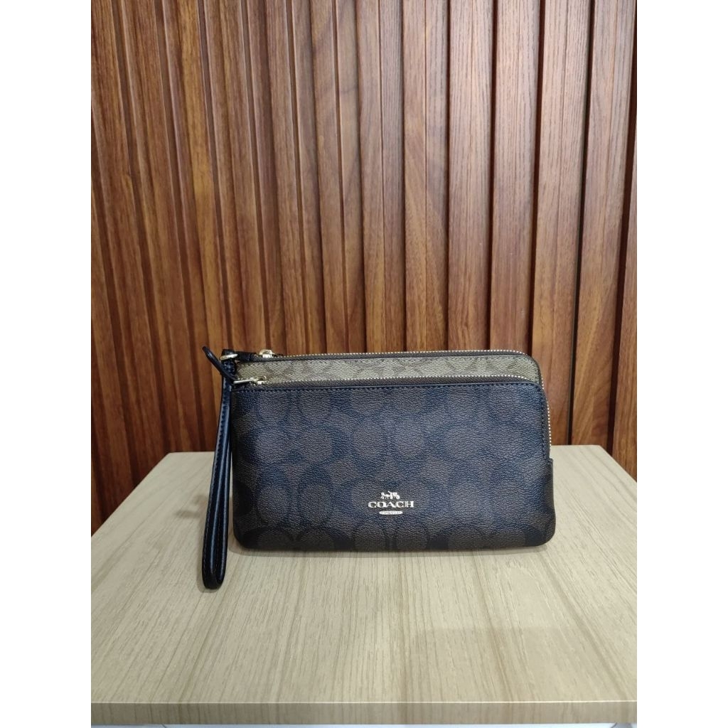 Coach Double Zipper Wallet Khaki Brown Multi