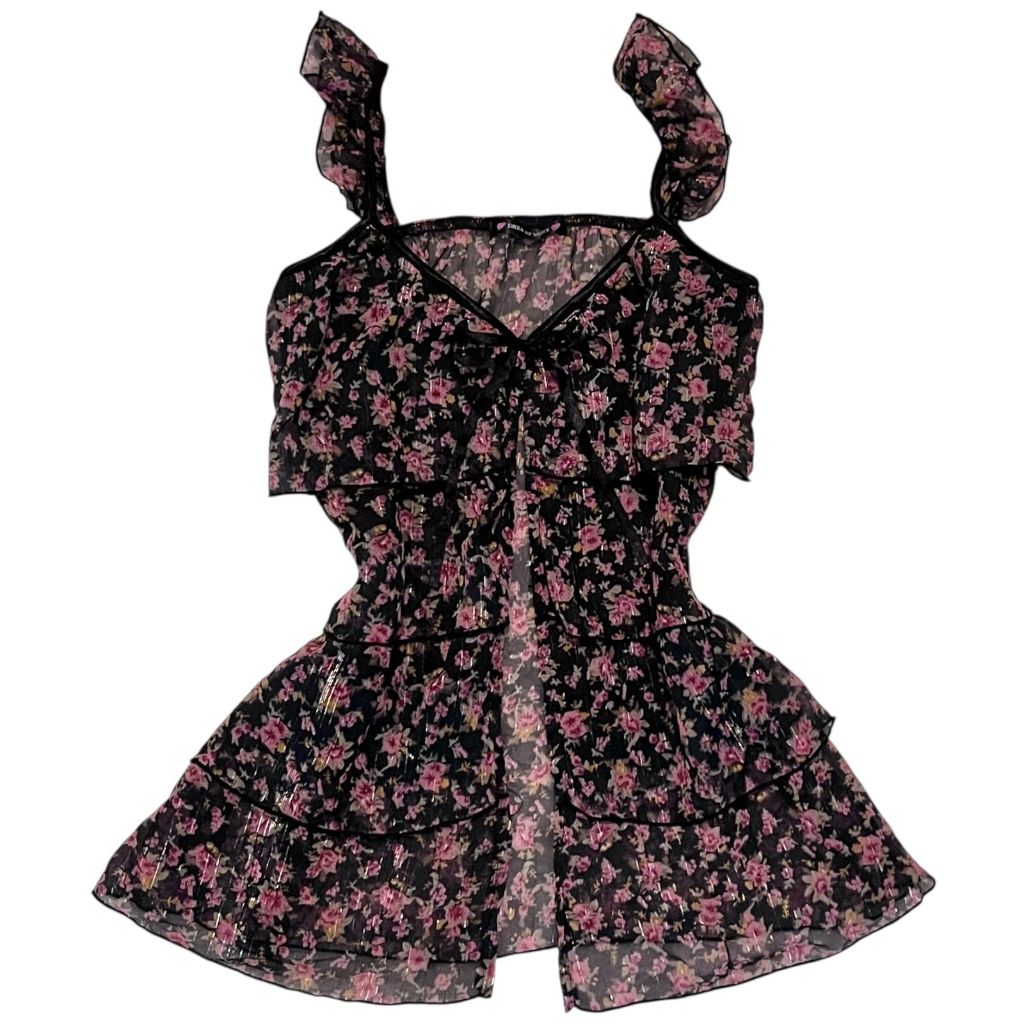 Tiered Fairycore Ruffle Bling Floral Pointelle Front Slit Top | rampel pita ribbon bow ikat tali raf