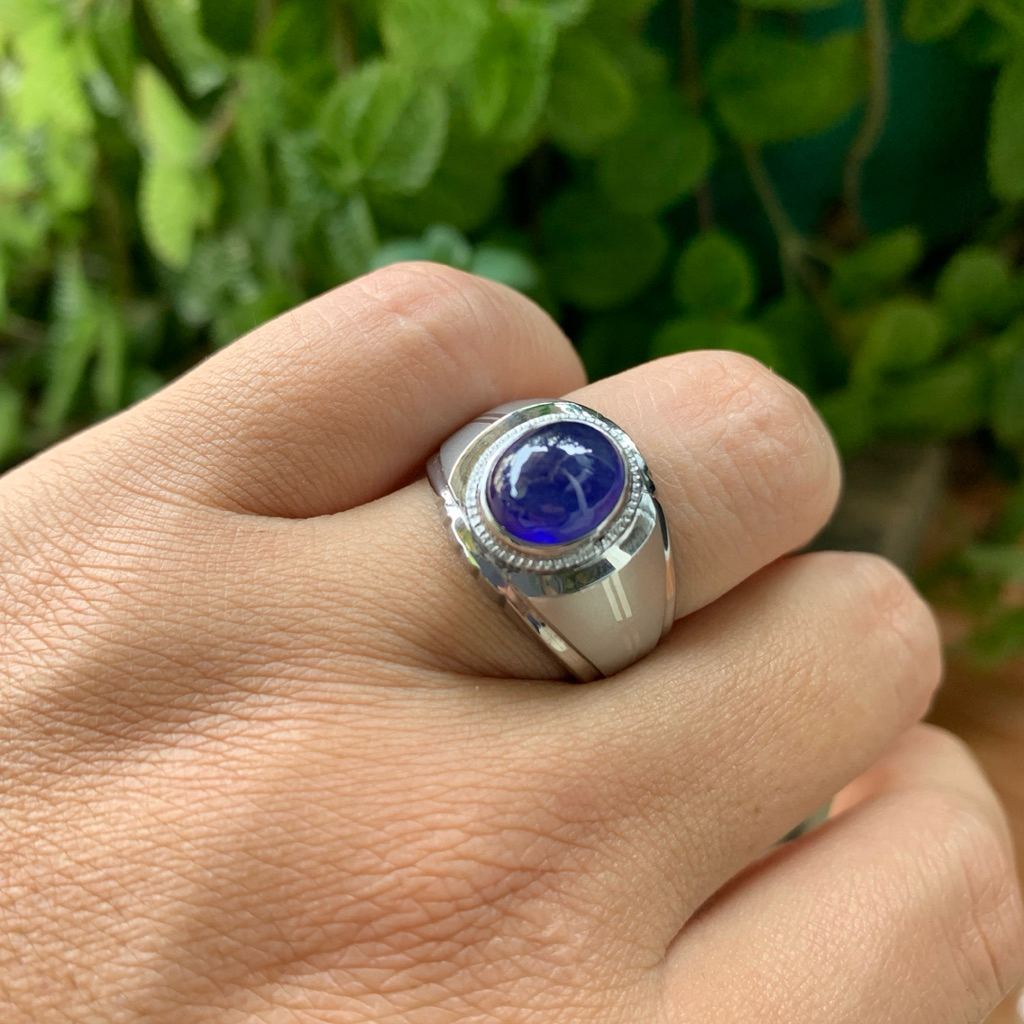 Cincin Batu Natural Royal Blue Safir Cabochon Memo Ring Monel Doff Handmade Size 8