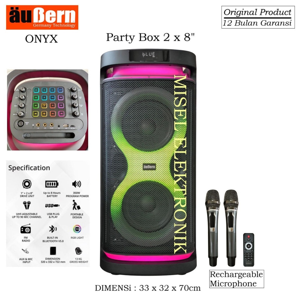 Aubern Onyx Party Box 8 Inch Speaker Portable 2 x 8 Inch Bluetooth