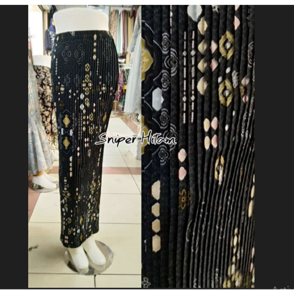 Rok Batik Wanita Model Plisket Bahan Semi Sutra Silky Motif Sniper Warna Hitam