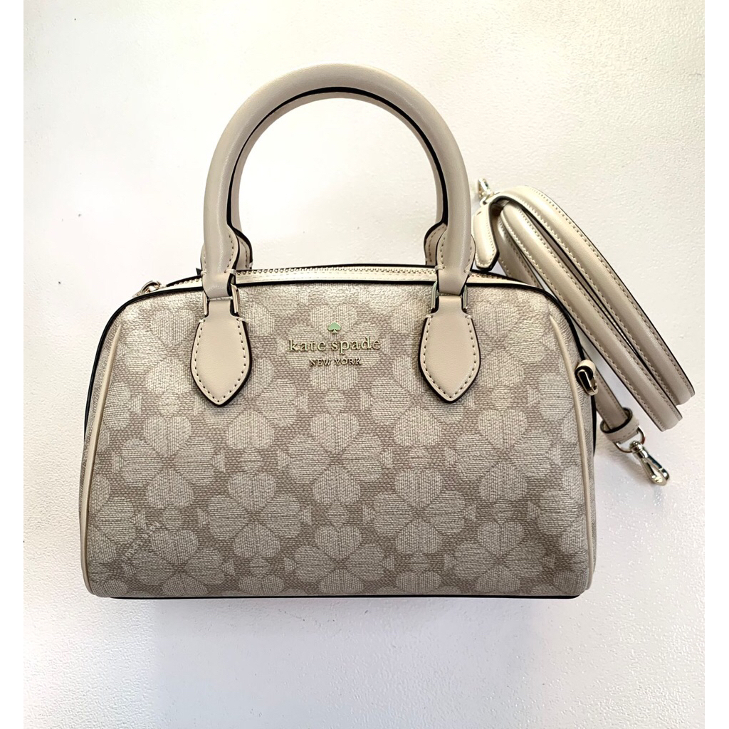 Tas Branded Kate Spade Duffle Satchel Spade Flower Dark Beige Signature PVC