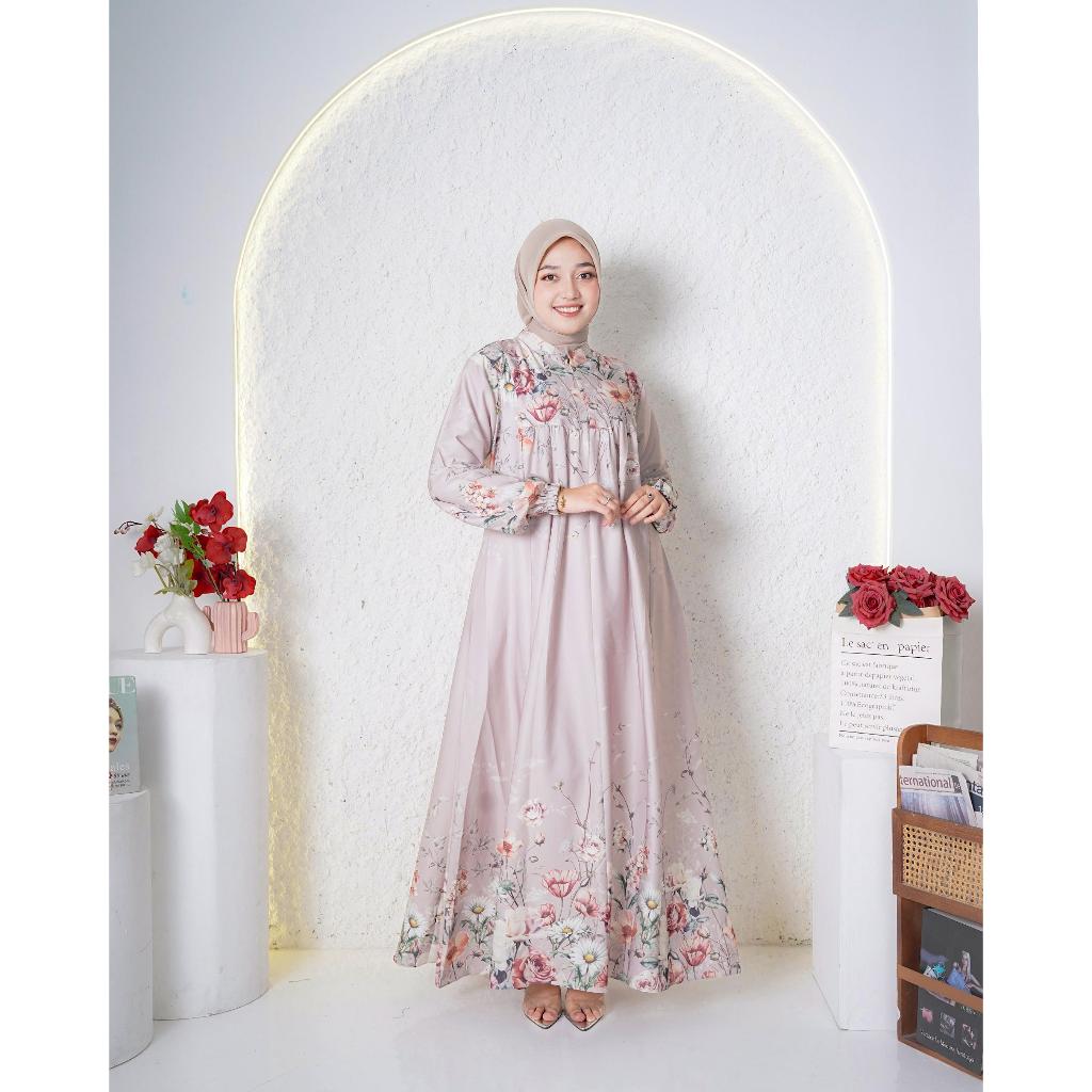 Ray'Sah | Gamis Muslimah Motif Bunga  – Tangan Karet, Busui Friendly, Adem & Stylish l Untuk Acara, 