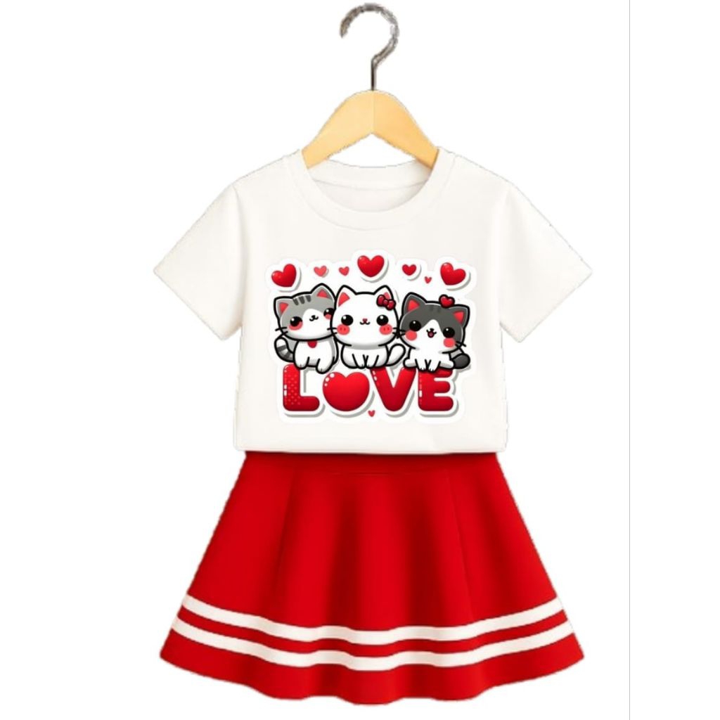 STELAN BAJU ANAK KAOS ANAK PEREMPUAN MOTIF SABLON ROK LIST KOREAN STYLE