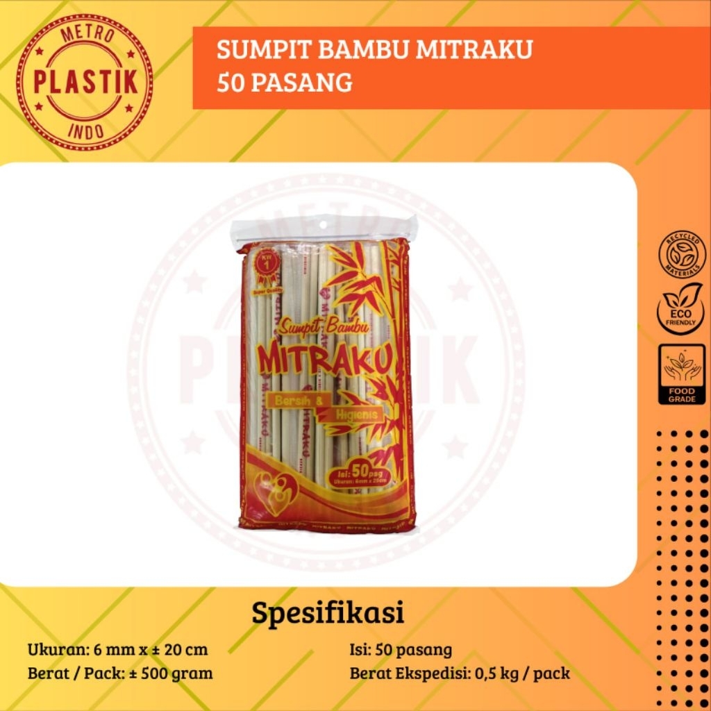 Sumpit Bambu Higienis Isi 50 Pasang / Sumpit Mitraku 6mm x 20cm / Sumpit Bambu / Sumpit Kayu 50 Pasa