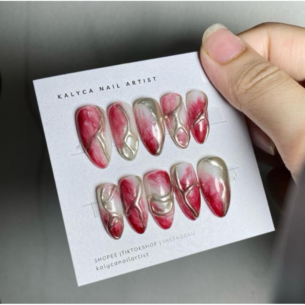 Maroon 3D Chrome Gold Nails | Fake Nails | Kuku Palsu | Press On Nails