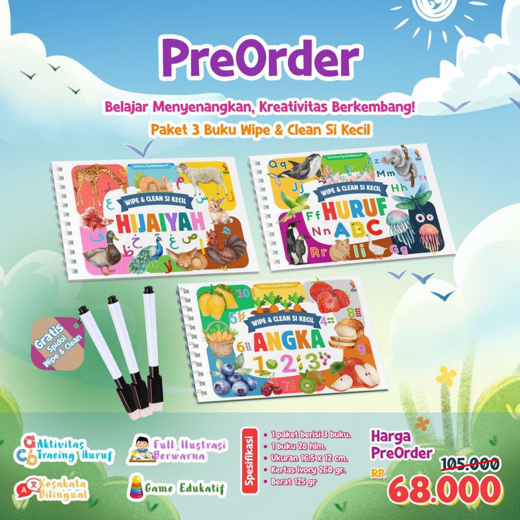 Paket 3 Buku Wipe & Clean Si Kecil (Hijaiyah, Huruf ABC, Angka 123)