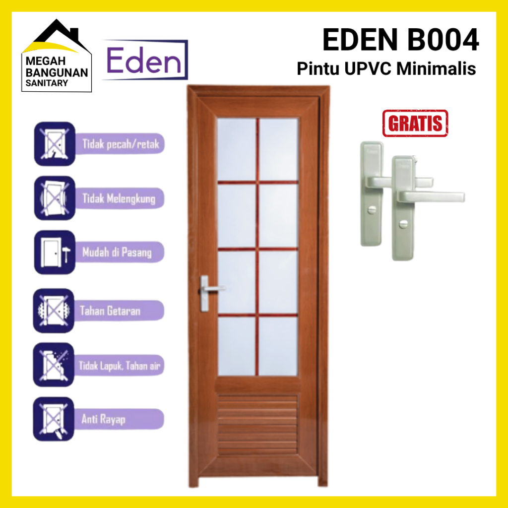 Pintu EDEN UPVC B004 Pintu Kamar Mandi Toilet EDEN Pintu Cokelat Minimalis 70X198 CM