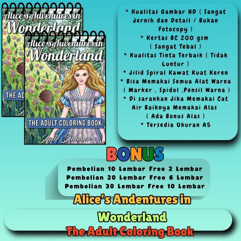 ALICE ADVENTURES IN WONDERLAND The Adult Coloring Book Premium Buku Mewarnai Kertas BC Sangat Tebal 