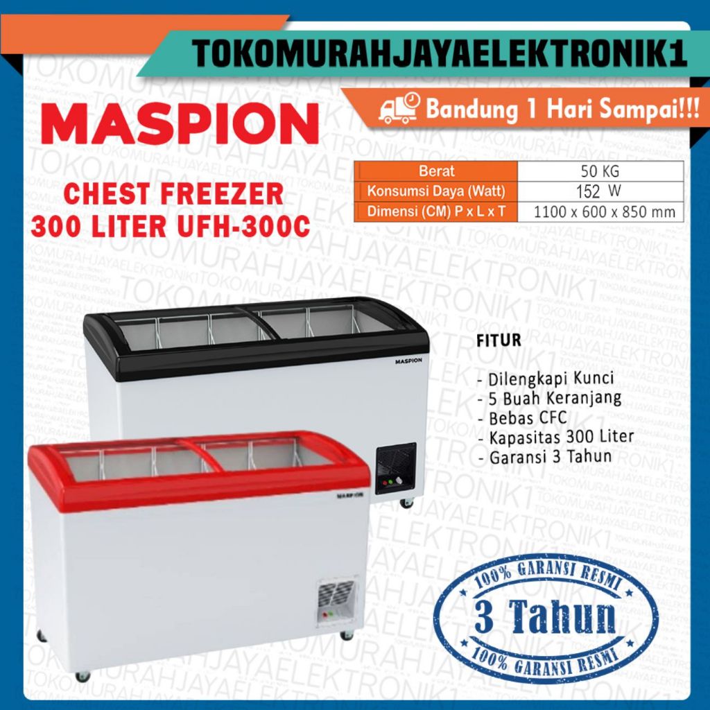 CHEST FREEZER 300 L MASPION UFH-300 C SLIDING FREEZER LOW WATT GARANSI RESMI