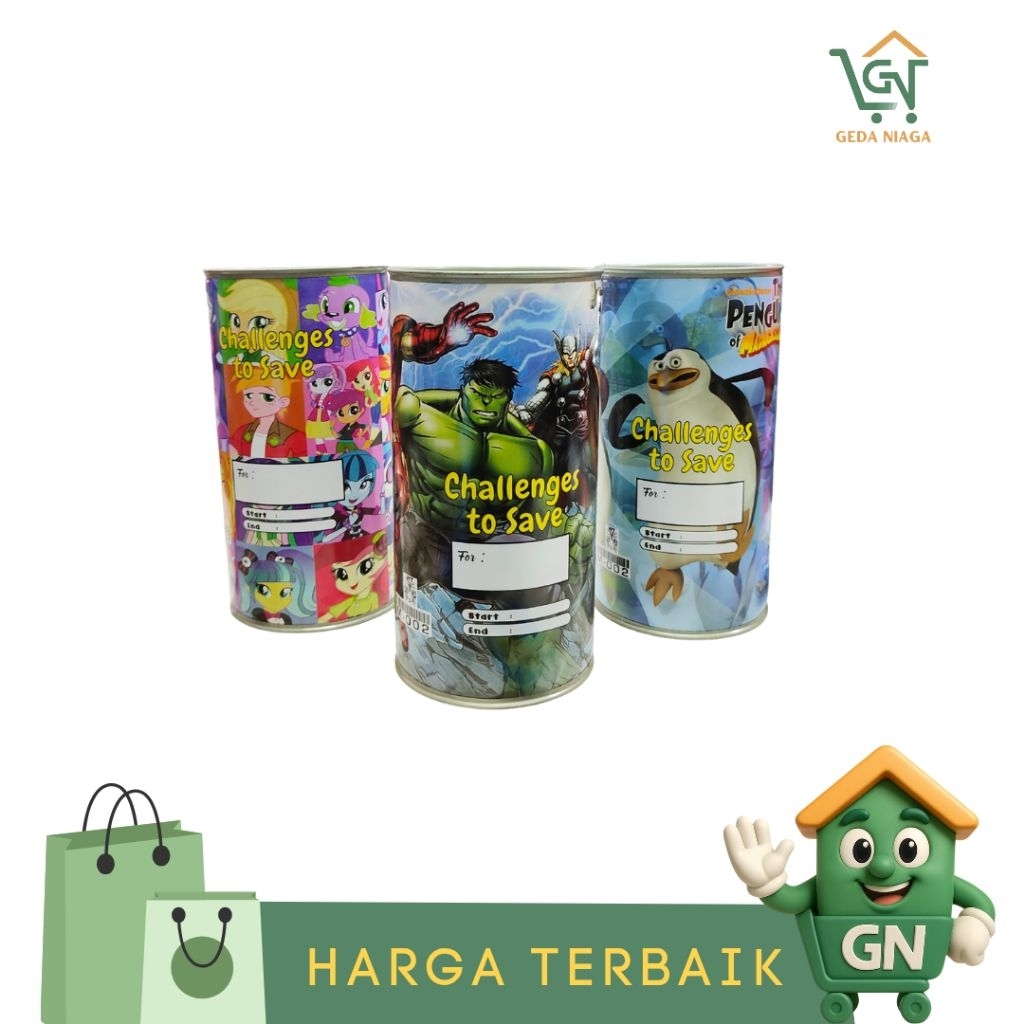 Celengan Target / Celengan Kaleng Tutup Permanen / Celengan Bulat Motif