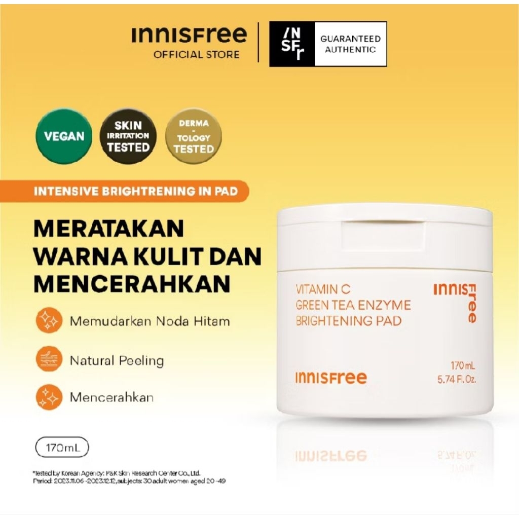New Innisfree Vitamin C Green Tea Enzyme Brightening Pad 170ml 60 Sheets / Toner Masker Wajah Innisf