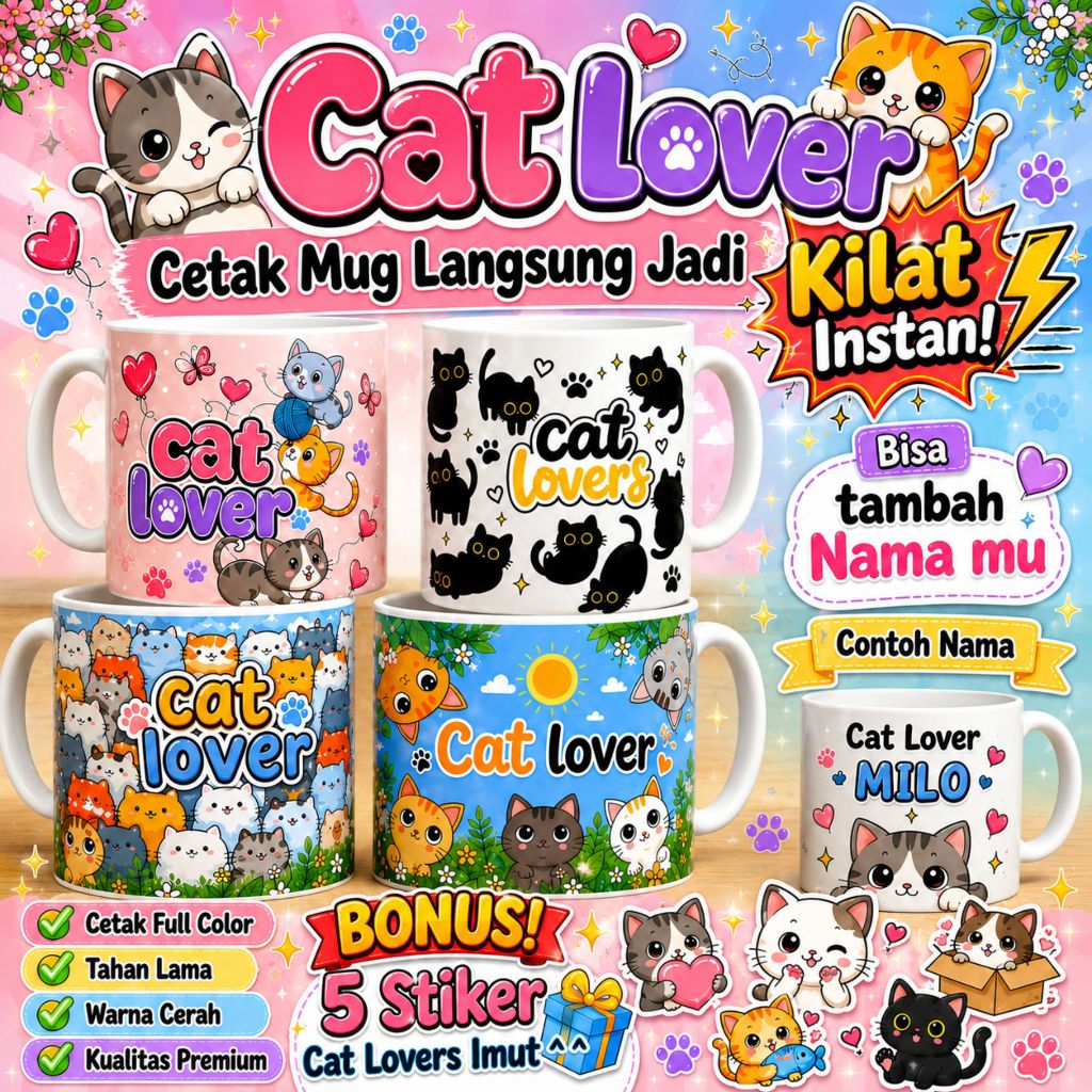 Gelas Mug CAT LOVERS Custom Nama Mu Kopi Teh Kucing Lucu Unik / Cangkir Kawai Cats Mug Coffee Tea Instan Kilat Langsung Kirim