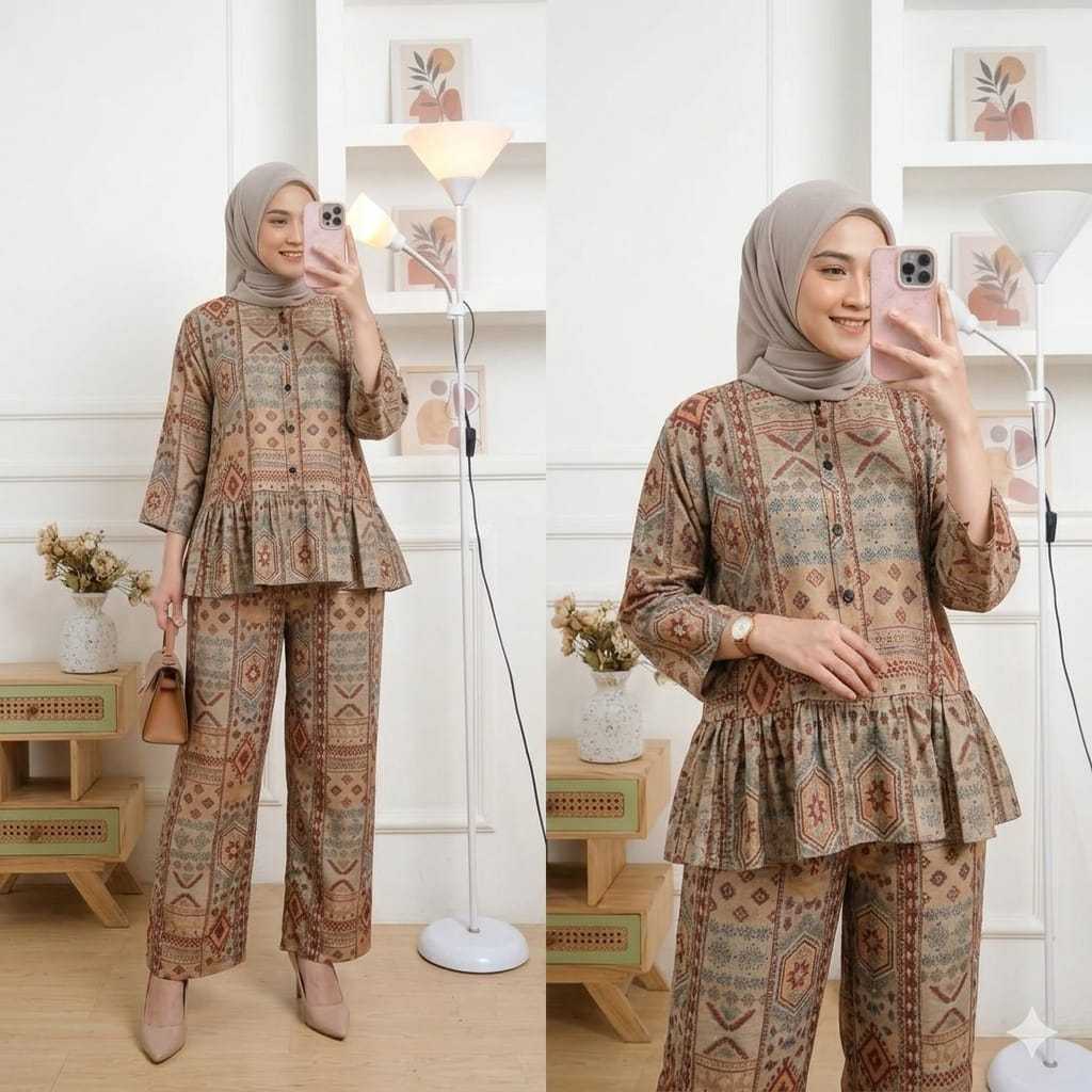 Setelan One Set Rayon Rempel Terbaru Motif Full Kancing Aktif Busui Dan Resleting Lingkar Dada 120 B