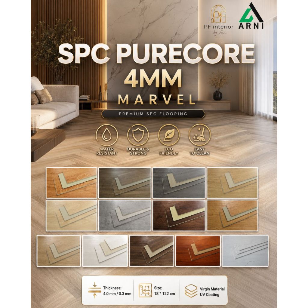 SPC Purecore Marvel 4MM Lantai Vinyl SPC Waterproof Motif Kayu Premium UV Coating Per Box