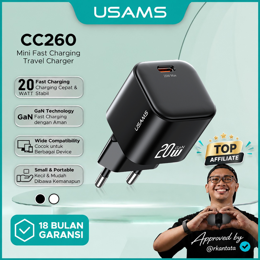 USAMS Kepala Charger GaN 20W Fast Charging PD QC Single Port Type-C For Android Iphone CC260