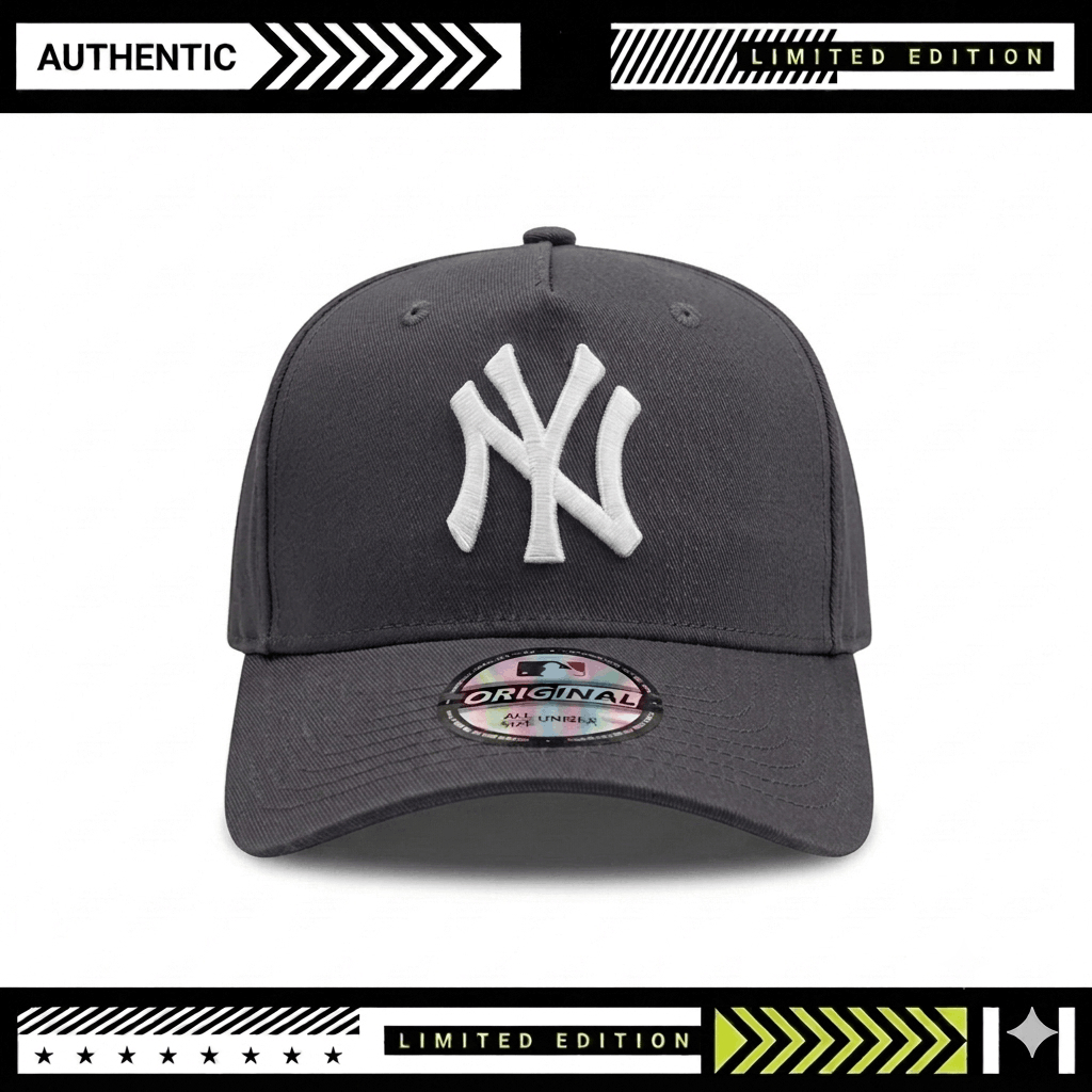 Topi Snapback Caps Logo NY Putih Bahan Abu Tua - A-Frame High Catton Preimum