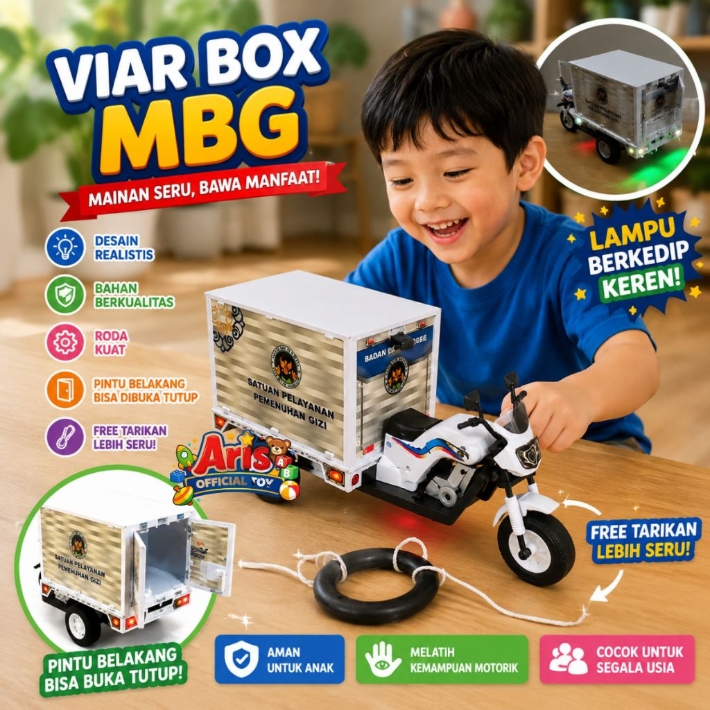 (OT19) Mainan Anak Motor Viar Roda 3 Box MBG Ada Lampu Musik Mainan Tossa Box SPPG Viral