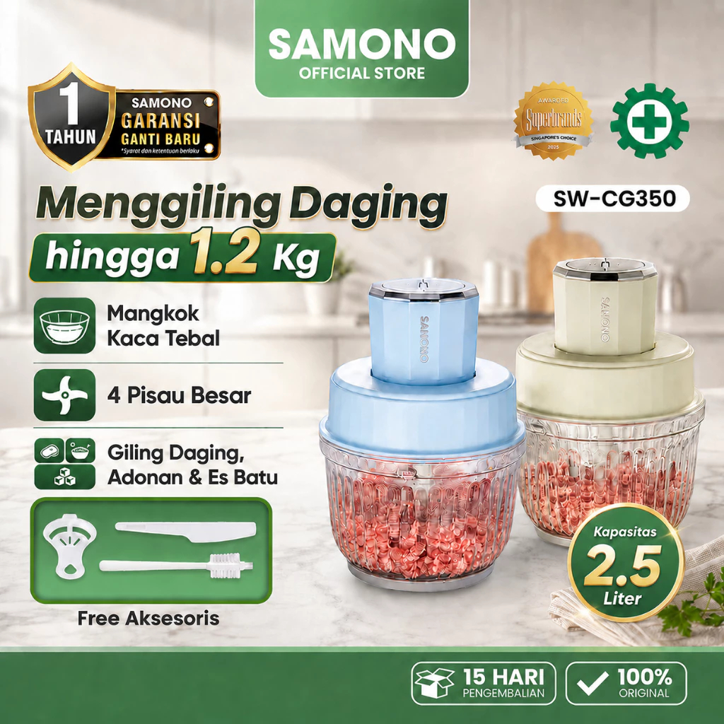 SAMONO Chopper Besar 2.5 Liter Food Chopper Multifungsi Elektrik 350W Penggiling Daging Bisa 1.2Kg P