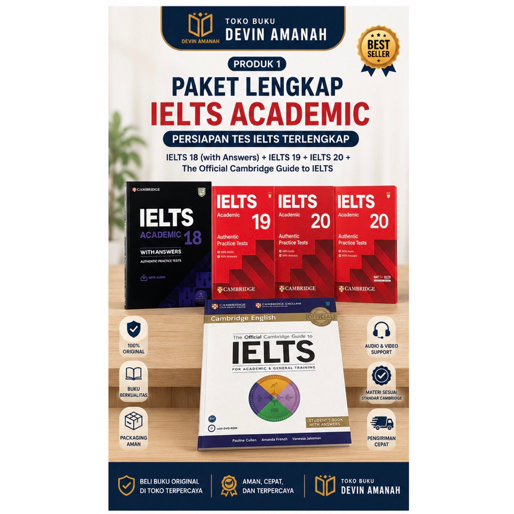 Paket Lengkap IELTS Academic Cambridge 18 19 20 + Official Cambridge Guide to IELTS | Original | Per