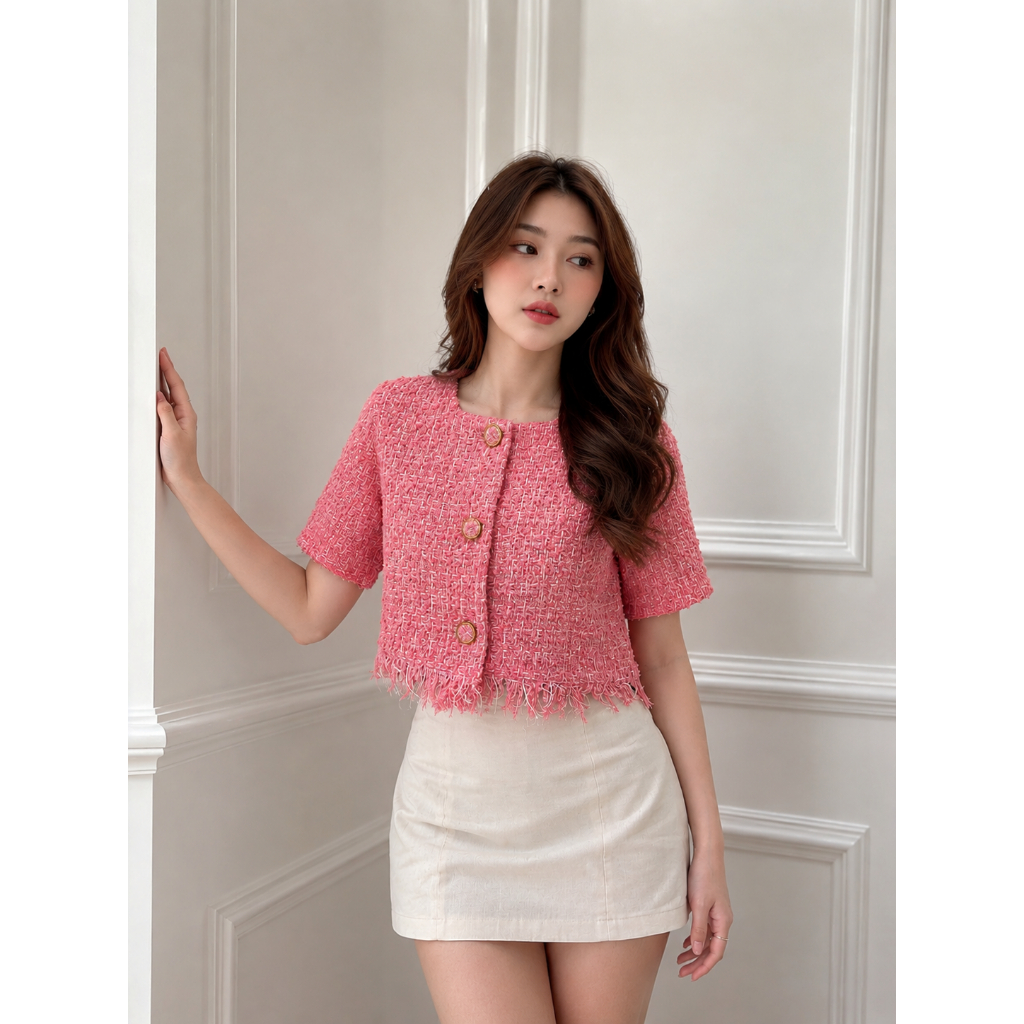 Carmine | Tweed Fringe Top | Premium Bangkok Tweed Cardigan | Import Bangkok