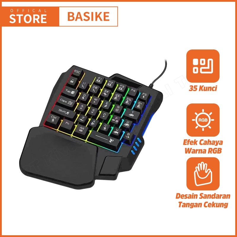 BASIKE Keyboard Gaming HP 35 Tombol Lampu RGB Pelangi USB Kabel 1.5M Ergonomis Ringan Untuk Main Gam
