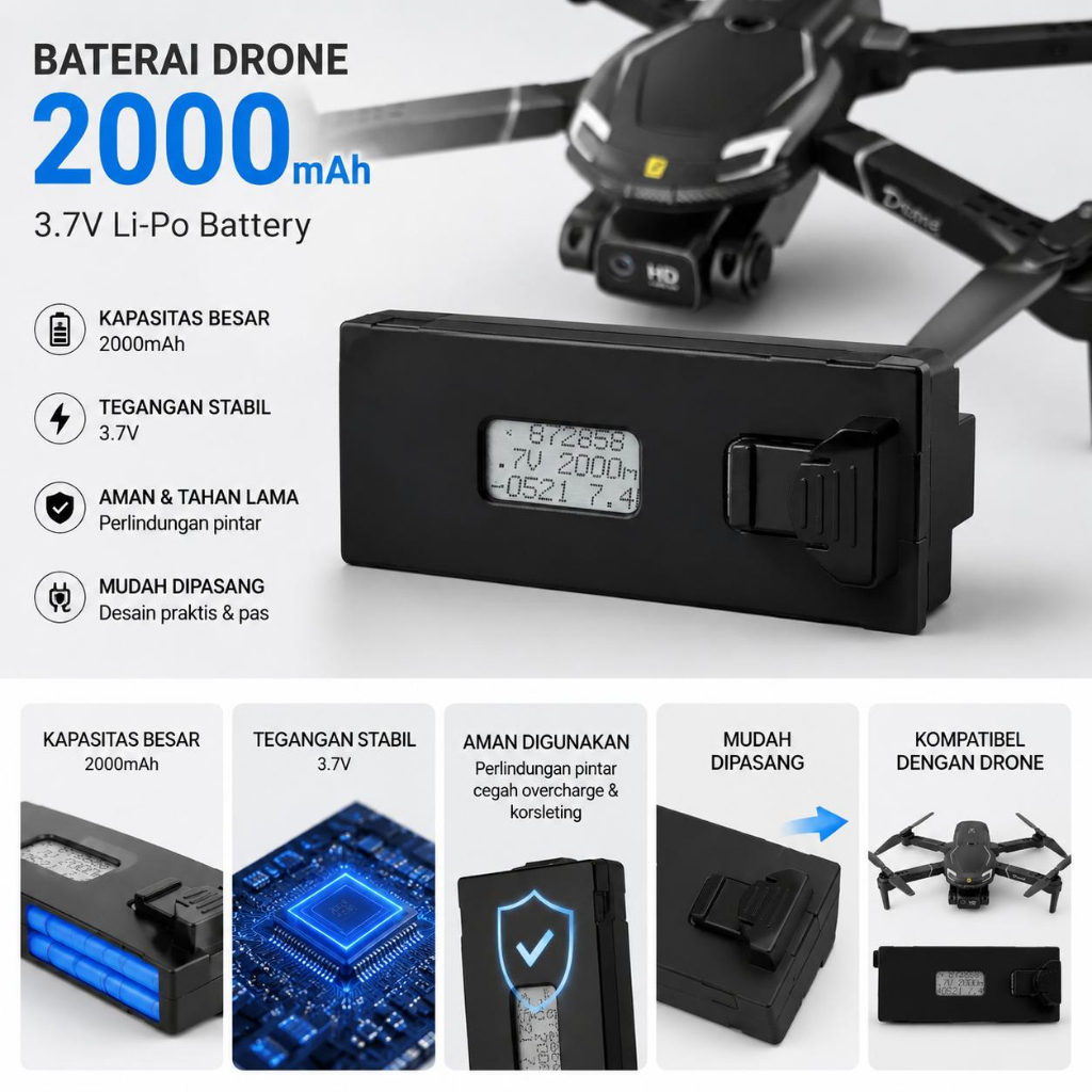 Batre Drone Cadangan baterai Drone 2000Mah 3.7v Cocok Untuk E88/P1/E88Pro/E99/E25