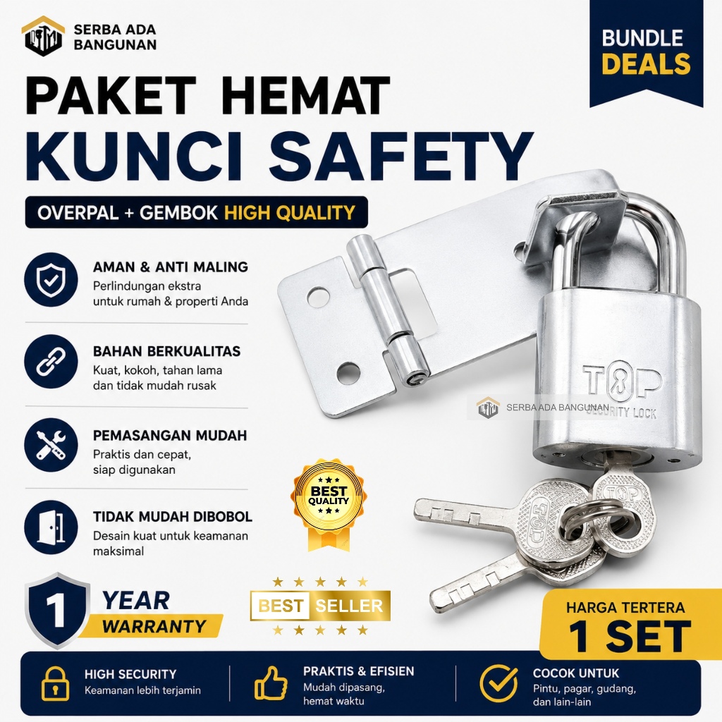 SAB Paket gembok nekel 30mm + cantolan gembok 4inch / Paket Gembok Pendek & Panjang Chrome 30mm / Ge