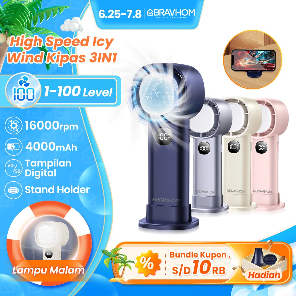 BRAVHOM Kipas Angin Mini Portable 4000mAh High-Speed 16000RPM LED 100Gear Lampu Malam BL-FN12