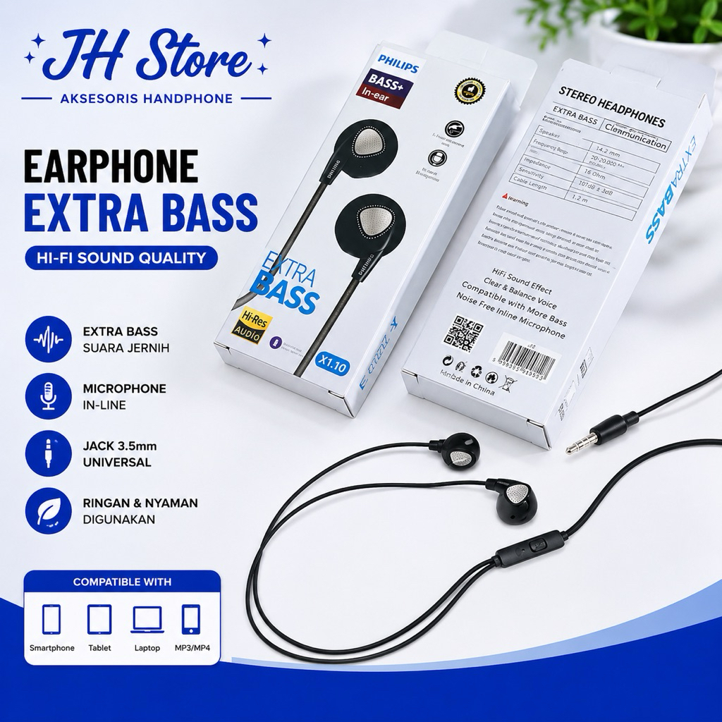 Earphone - Handsfree - Headset Philips AT-119 Proton Metallic Bass+ HF Universal With Mic Jack 3.5mm