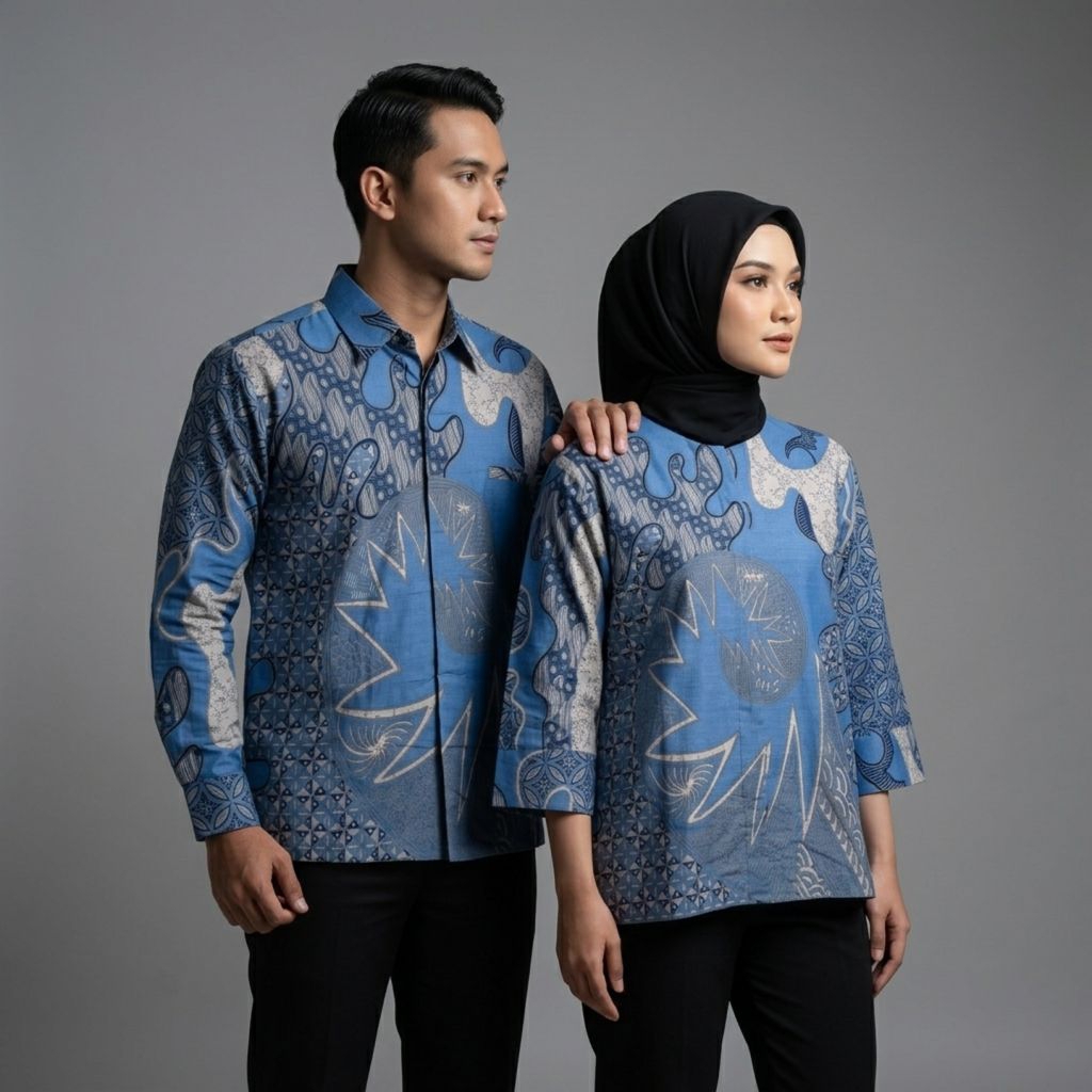 Batik couple ekslusive lapis full trikot Atasan Blouse batik wanita pria modern kekinian ice blue bi