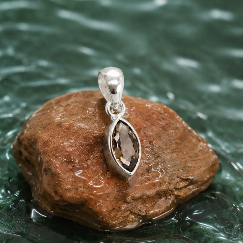 Liontin Perak 925 Asli Batu Coklat Marquise - Smoky Quartz Pria Wanita Pendant Sterling Silver S925