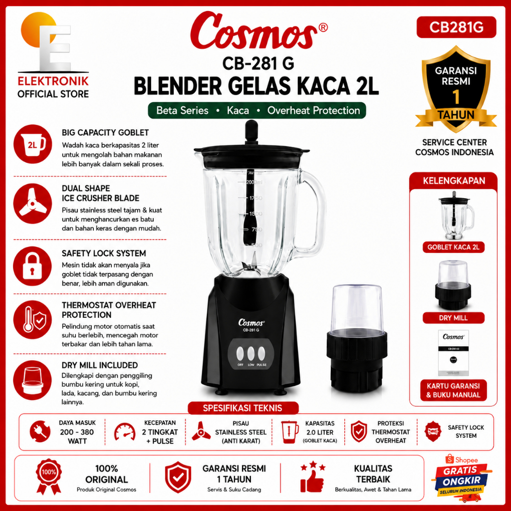 Cosmos CB281G Blender Gelas Kaca 2L Pisau Stainless Steel Thermostat Overheat Protection Beta Series