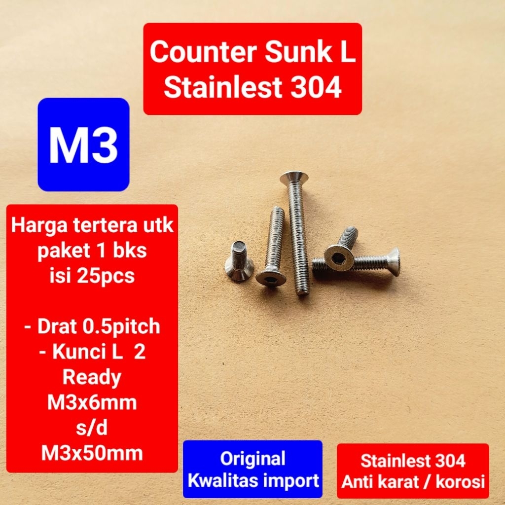 Baut Counter sunk L stainlest304 M3 (paket 1 bks isi 25pcs)| Baut JFL stainlest 304 M3 | baut flat h