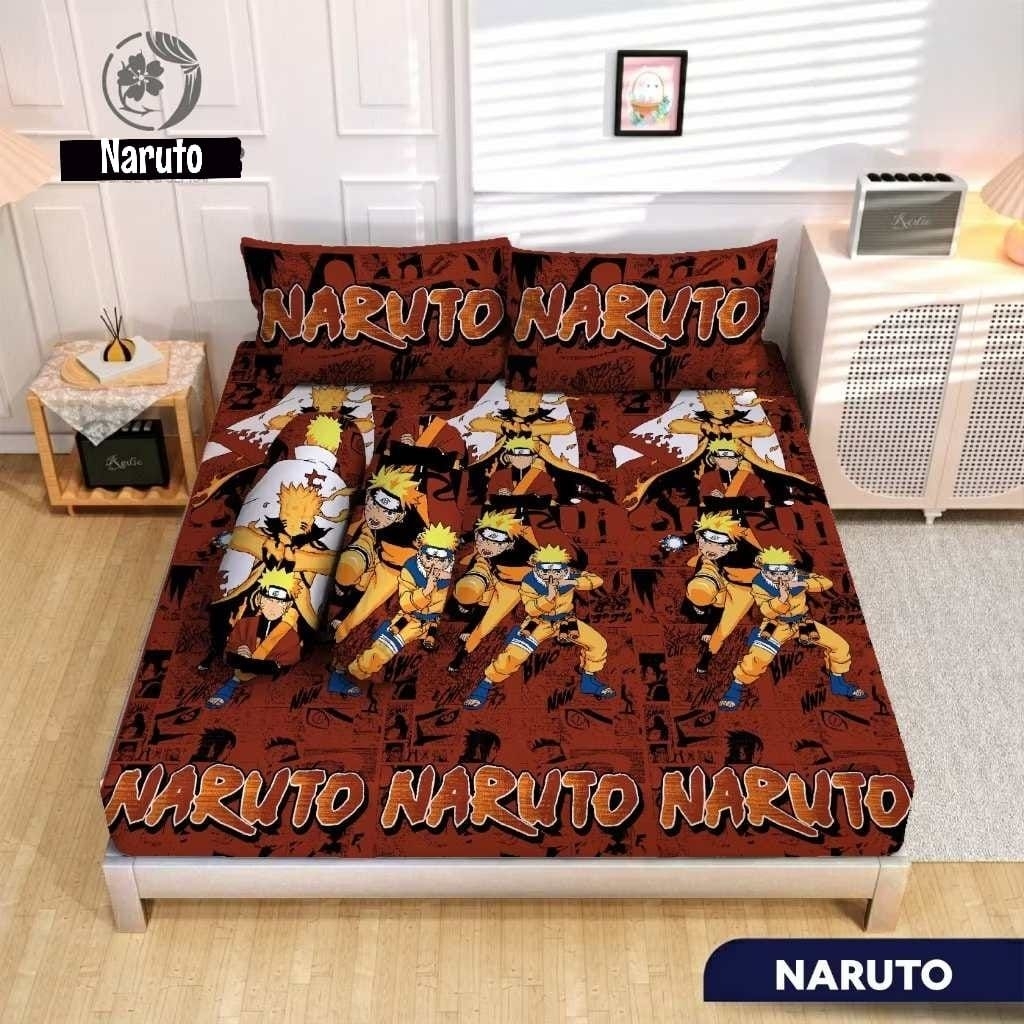 SPREI KARET KATUN PREMIUM 90/100/120/140/160/180/200 Motif anime naruto brown coklat cokelat